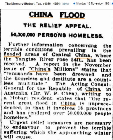 16 Nov 1931 – CHINA FLOOD THE RELIEF APPEAL. 50,000,000 PERSONS HOMELESS