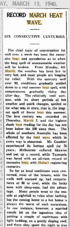 13 Mar 1940 – RECORD MARCH HEAT WAVE. SIX CONSECUTIVE CENTURIES. – Trove